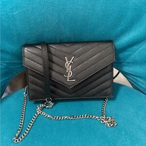 Yves Saint Laurent Black Crossbody Bag with Chevron Design and Chain Strap YSL